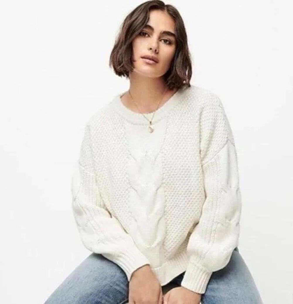 J. Crew Balloon Sleeve Boxy Oversize Chunky Cable Knit Wool Sweater Cream S